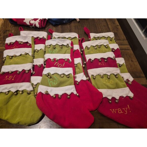 Set Of 6 Christmas Elf Stockings With Bells & Embroidered Words - Picture 1 of 1